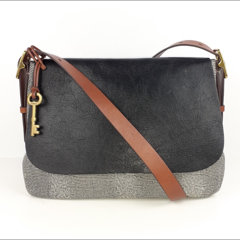 Fossil Harper Large Leather Flap Crossbody Mixed Media Print Minimalist